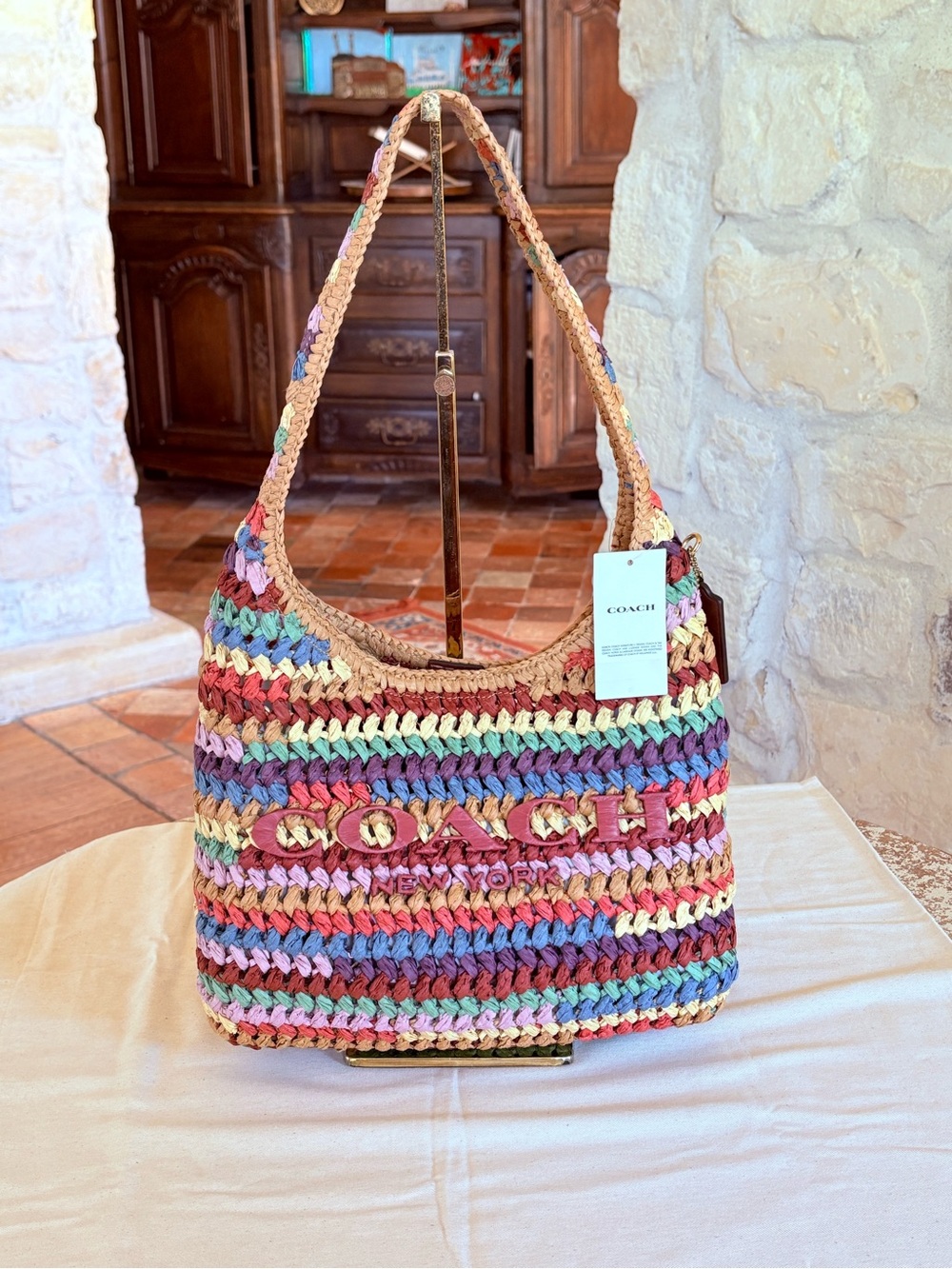 COACH Multicolor Crochet Straw Shoulder Bag